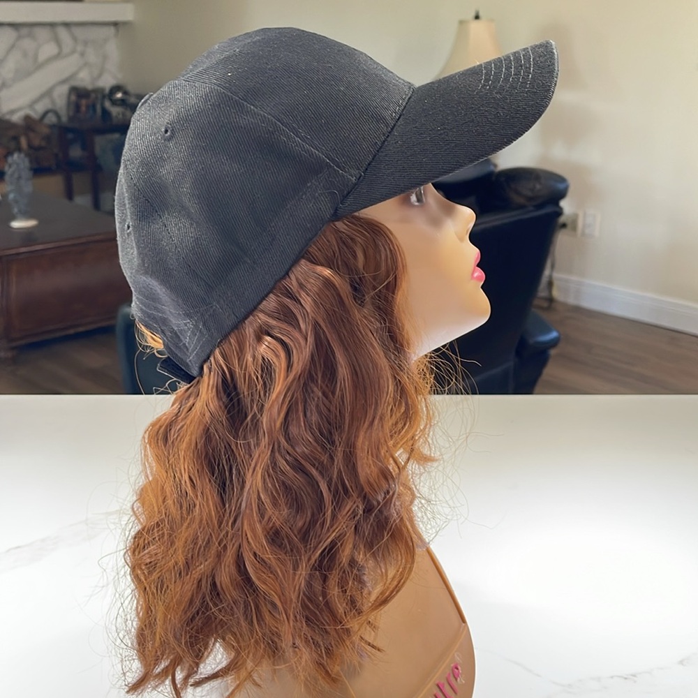 HAT HAIR, 10” Attached to Black Baseball cap, Wavy Brown/Auburn hair - Picture 5 of 10